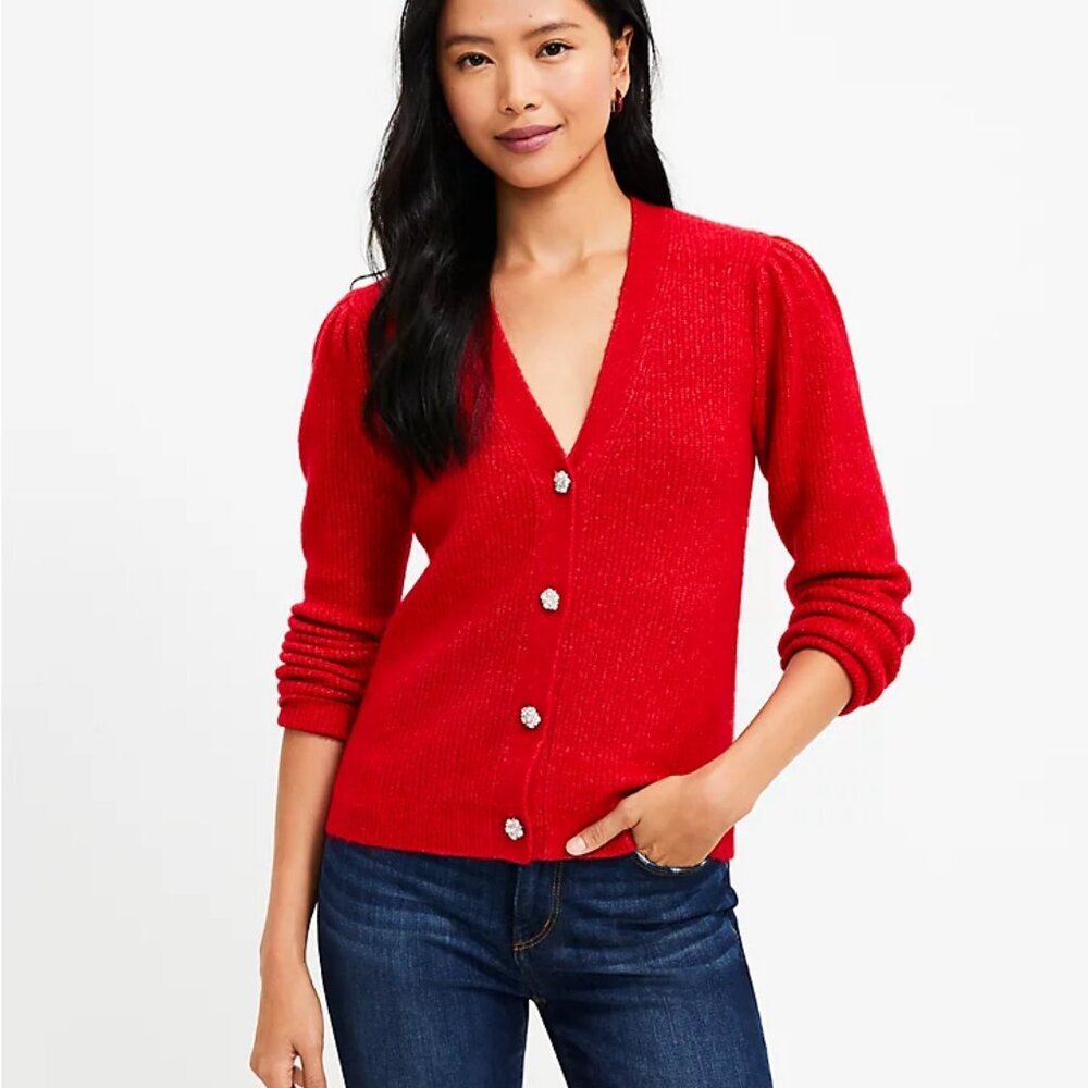 LOFT Size S Red Cardigan with Jeweled Buttons, Excellent Used Condition